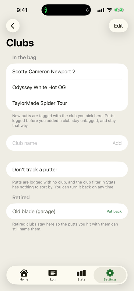Clubs screen: add, change or don't-track a putter