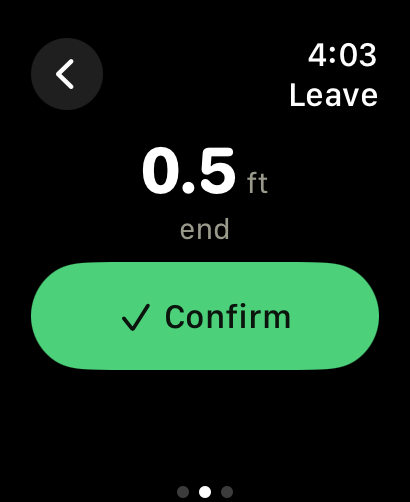Logging a miss on Apple Watch: the leave set to 0.5 feet, with a Confirm button.