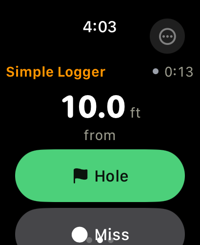 The Lagr Simple Logger on Apple Watch: a putt from 10.0 feet, with Hole and Miss buttons.